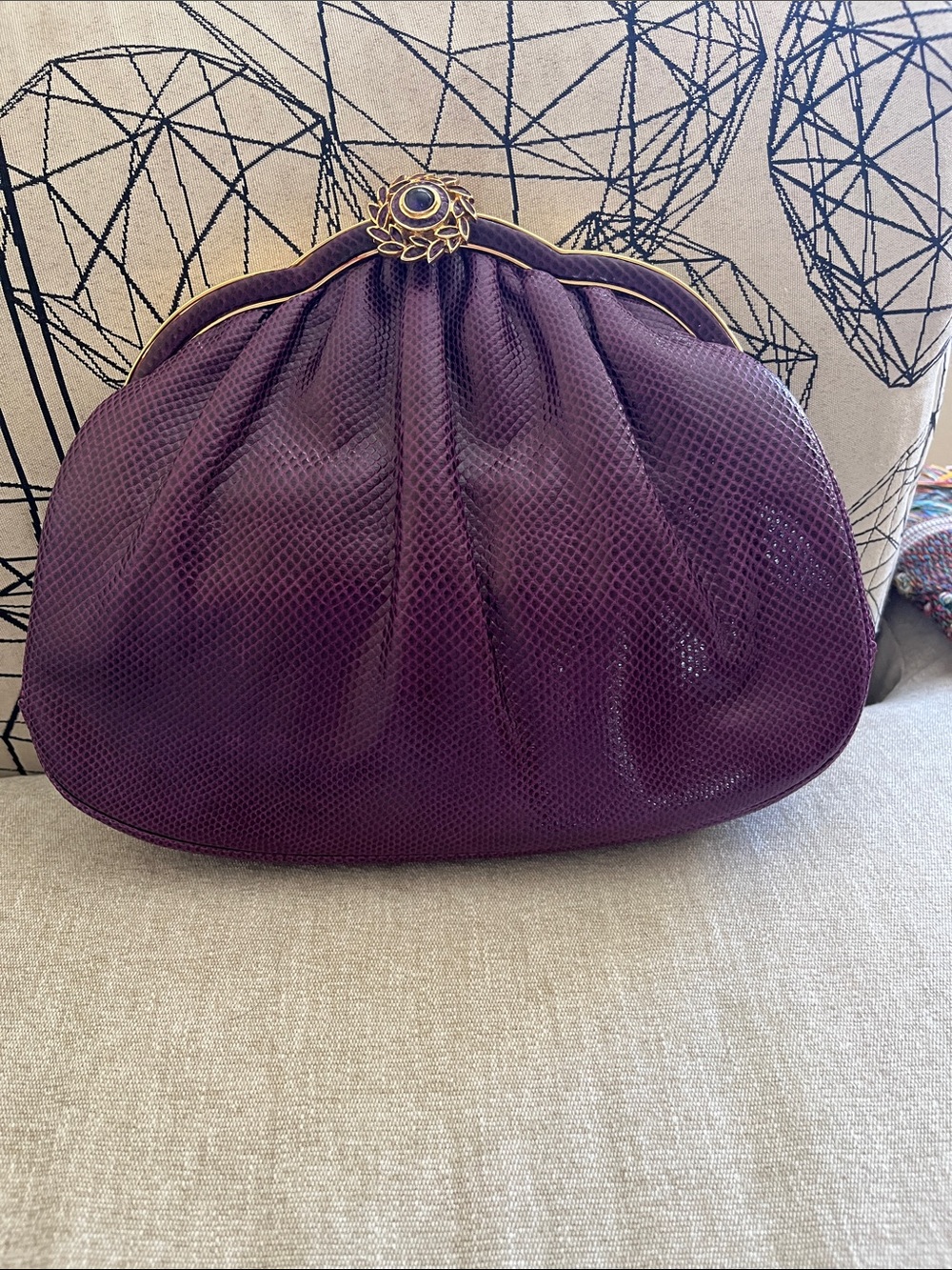 Judith Leiber Purple Pleated Evening Clutch with Gold Frame